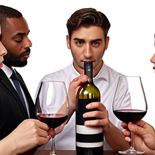 Home 11 **A nervous yet determined person taking a sommelier exam, tasting wine, surrounded by supportive fellow candidates.**