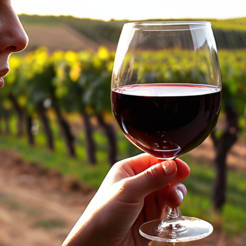 Home 6 **
A person carefully examining a glass of red wine, swirling it gently, with a focused expression. Soft, warm lighting and a vineyard background suggesting expertise and dedication to wine tasting. Close-up on the wine and hand.
**