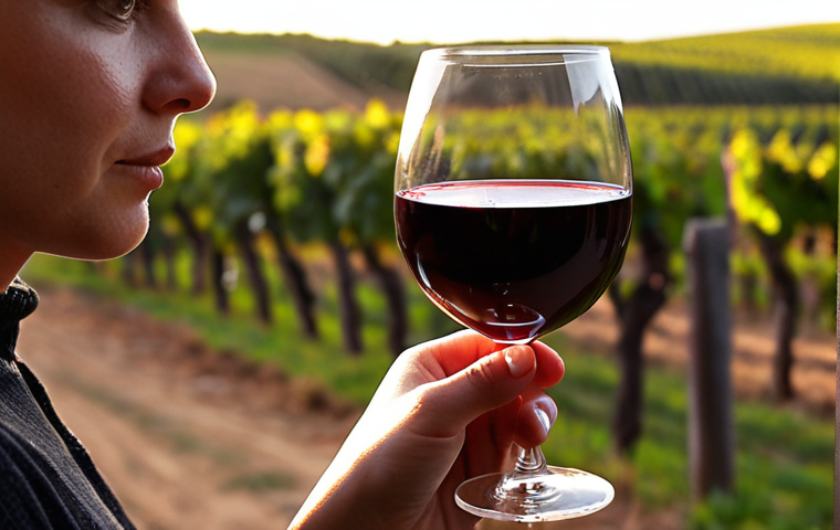 **
A person carefully examining a glass of red wine, swirling it gently, with a focused expression. Soft, warm lighting and a vineyard background suggesting expertise and dedication to wine tasting. Close-up on the wine and hand.
**
