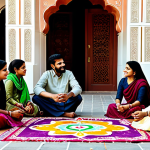 **Prompt:** A family gathering in a courtyard decorated with colorful *rangoli* patterns, everyone is fully clothed in traditional *shalwar kameez* and *dupattas*, enjoying *chai* and *pakoras*, appropriate content, safe for work, professional photography, natural lighting, perfect anatomy, modest attire, family-friendly.
