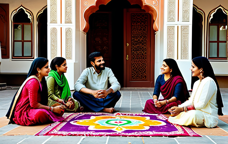 **Prompt:** A family gathering in a courtyard decorated with colorful *rangoli* patterns, everyone is fully clothed in traditional *shalwar kameez* and *dupattas*, enjoying *chai* and *pakoras*, appropriate content, safe for work, professional photography, natural lighting, perfect anatomy, modest attire, family-friendly.