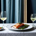 **Prompt:** A table elegantly set for dinner, featuring grilled salmon with a side of asparagus, a bottle of Sauvignon Blanc in an ice bucket, crystal glasses, soft lighting, professional food photography, fully clothed setting, appropriate content, safe for work, perfect anatomy (of any people faintly in the background), natural proportions, professional, modest.