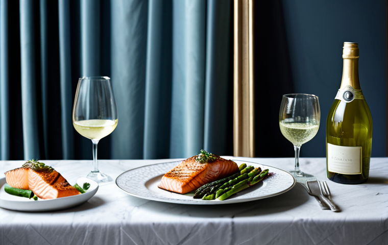 **Prompt:** A table elegantly set for dinner, featuring grilled salmon with a side of asparagus, a bottle of Sauvignon Blanc in an ice bucket, crystal glasses, soft lighting, professional food photography, fully clothed setting, appropriate content, safe for work, perfect anatomy (of any people faintly in the background), natural proportions, professional, modest.