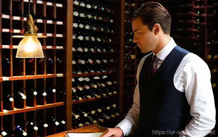 소믈리에 경력자 인터뷰 모음 - **Sommelier's Passionate Study**: A male sommelier, in his late 30s, with a focused expression, is p...